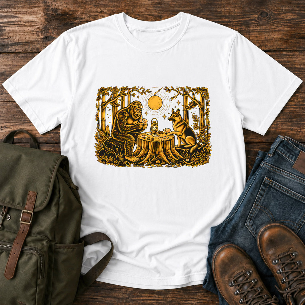 German Shepherd dog and Bigfoot playing poker in a moonlit forest on a t-shirt design.
