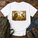 German Shepherd dog and Bigfoot playing poker in a moonlit forest on a t-shirt design.