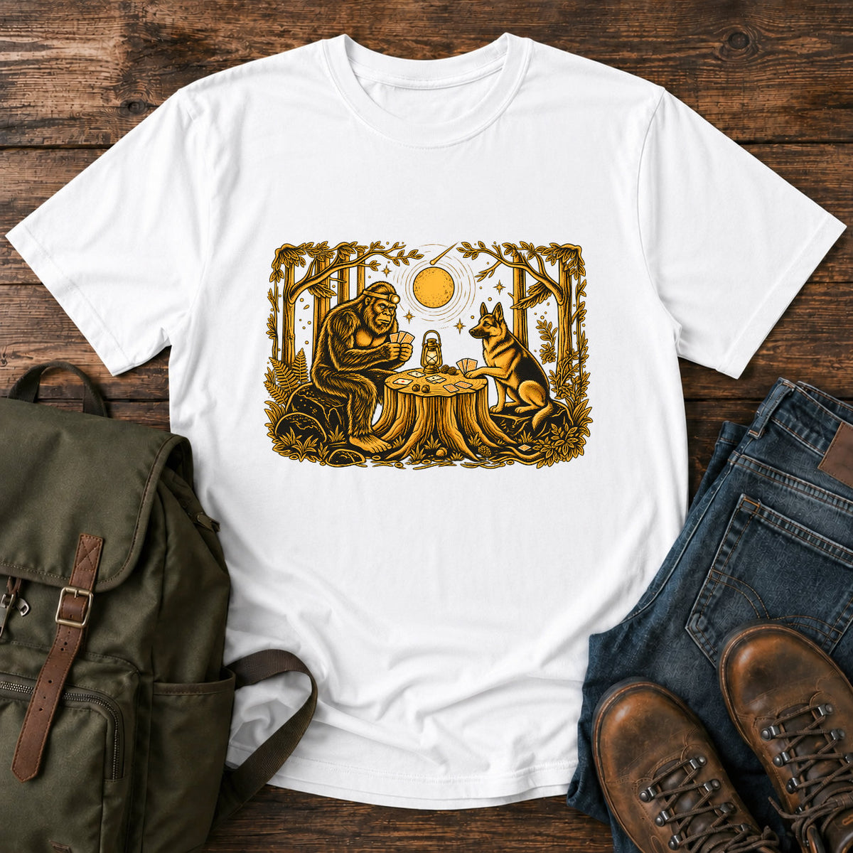 German Shepherd dog and Bigfoot playing poker in a moonlit forest on a t-shirt design.