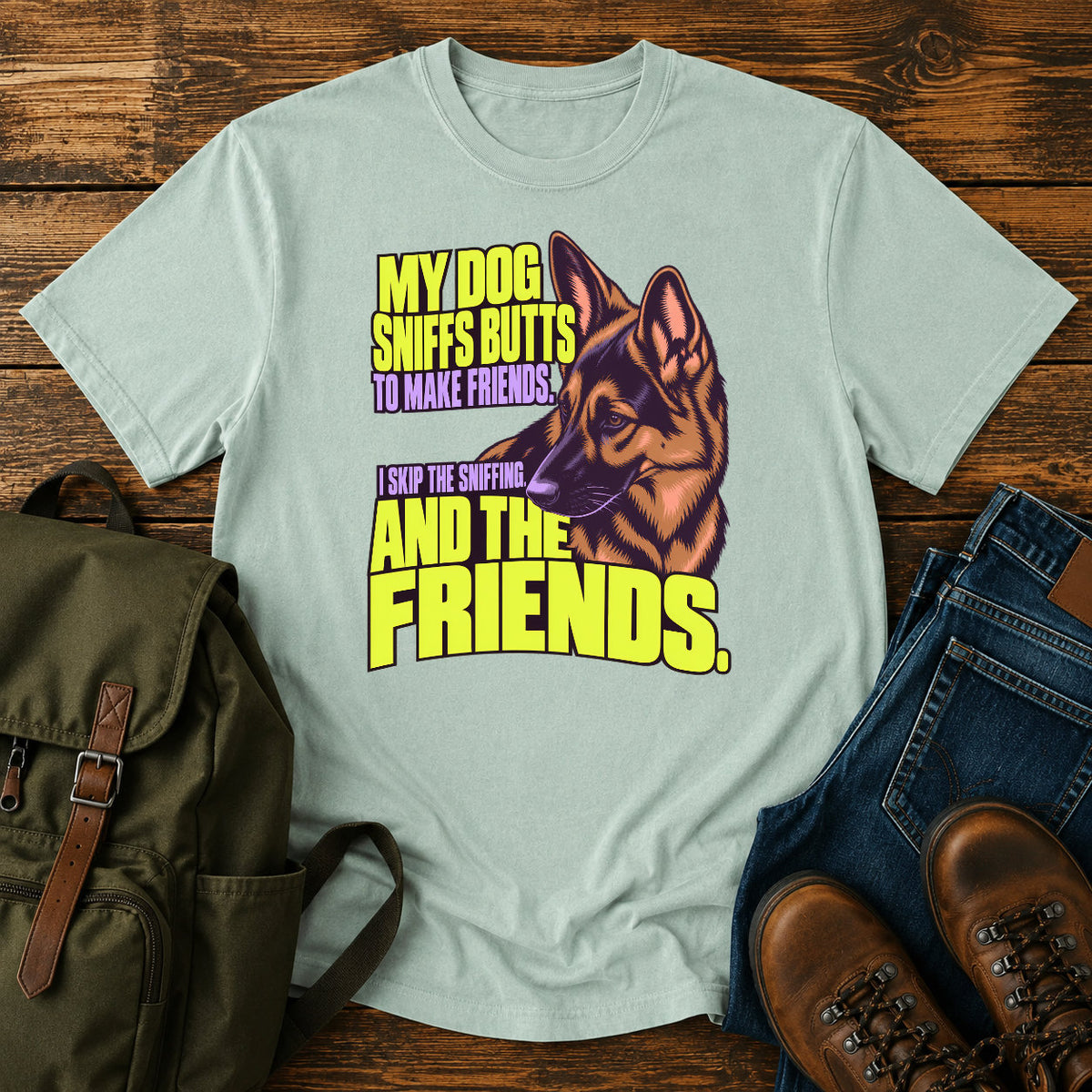German Shepherd friendship joke with bright retro dog portrait on a t-shirt design