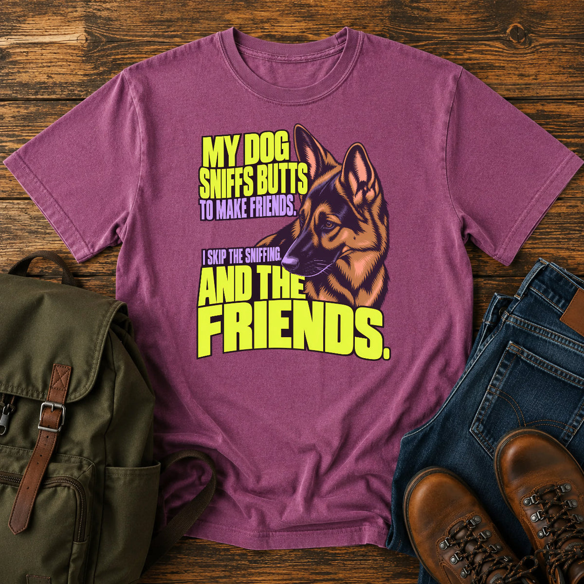 German Shepherd friendship joke with bright retro dog portrait on a t-shirt design