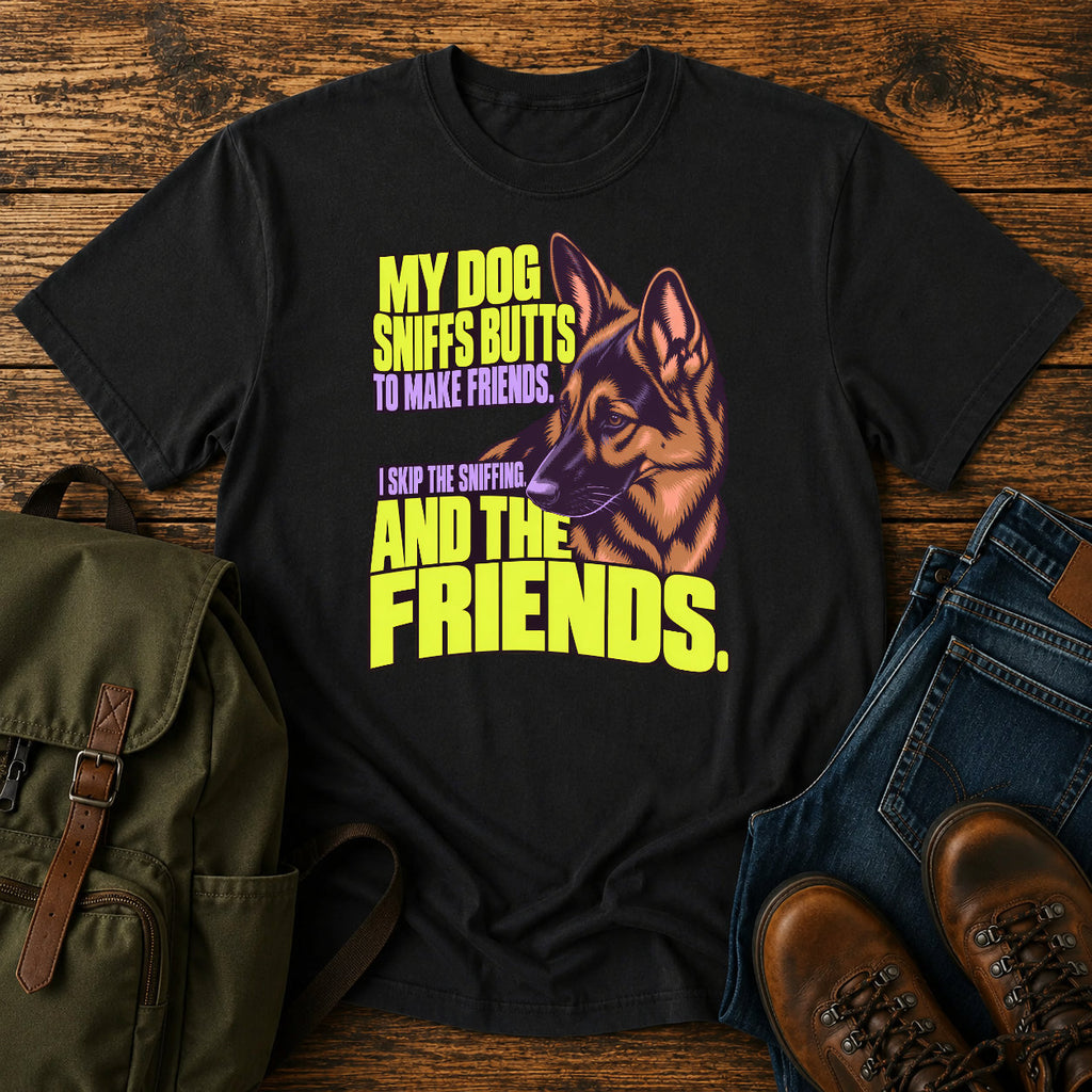 German Shepherd friendship joke with bright retro dog portrait on a t-shirt design