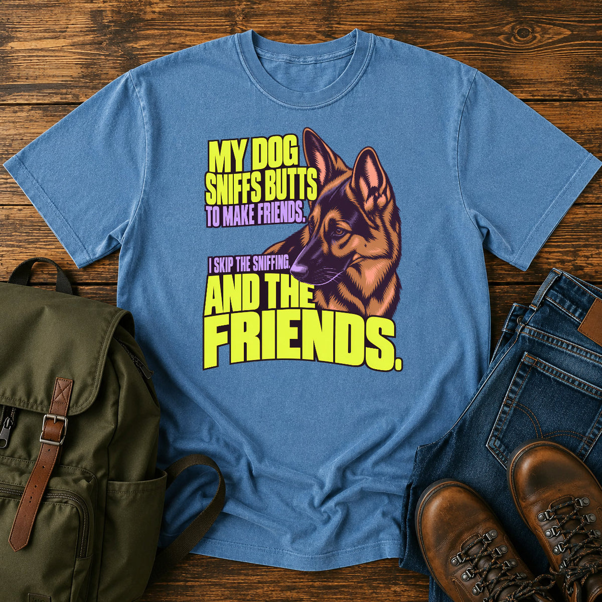 German Shepherd friendship joke with bright retro dog portrait on a t-shirt design