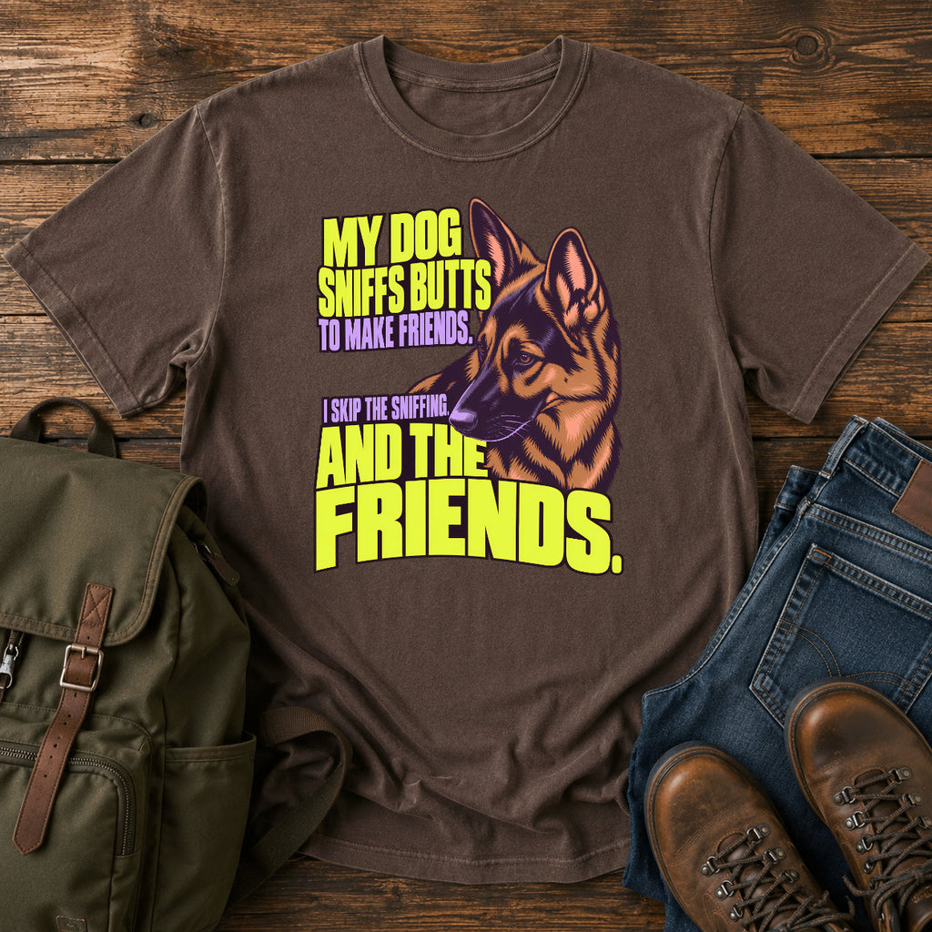 German Shepherd friendship joke with bright retro dog portrait on a t-shirt design