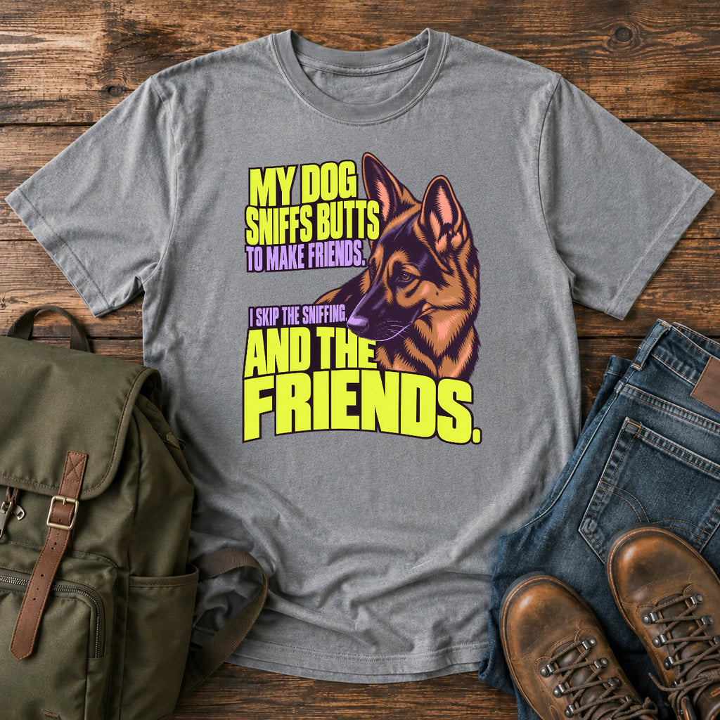 German Shepherd friendship joke with bright retro dog portrait on a t-shirt design