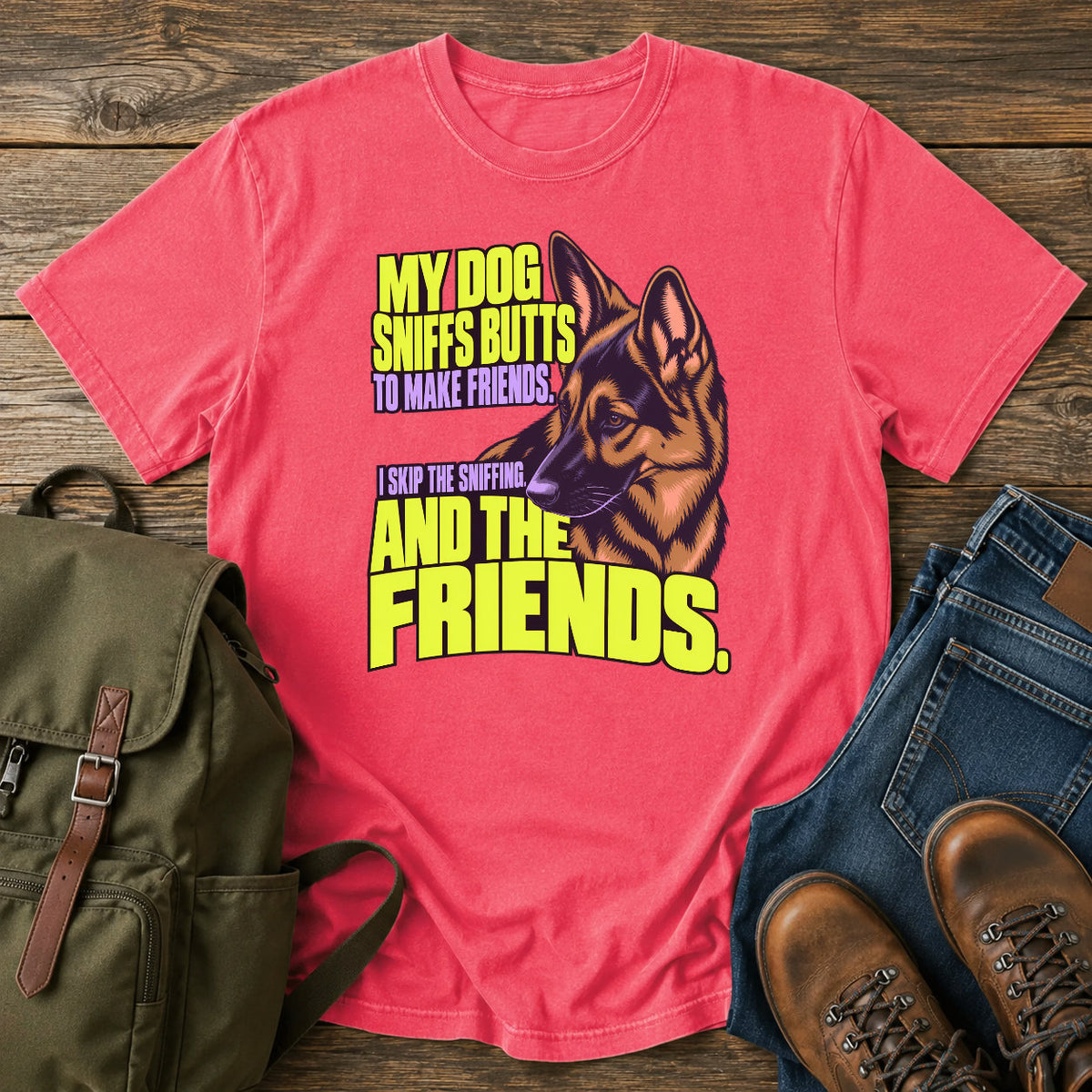 German Shepherd friendship joke with bright retro dog portrait on a t-shirt design