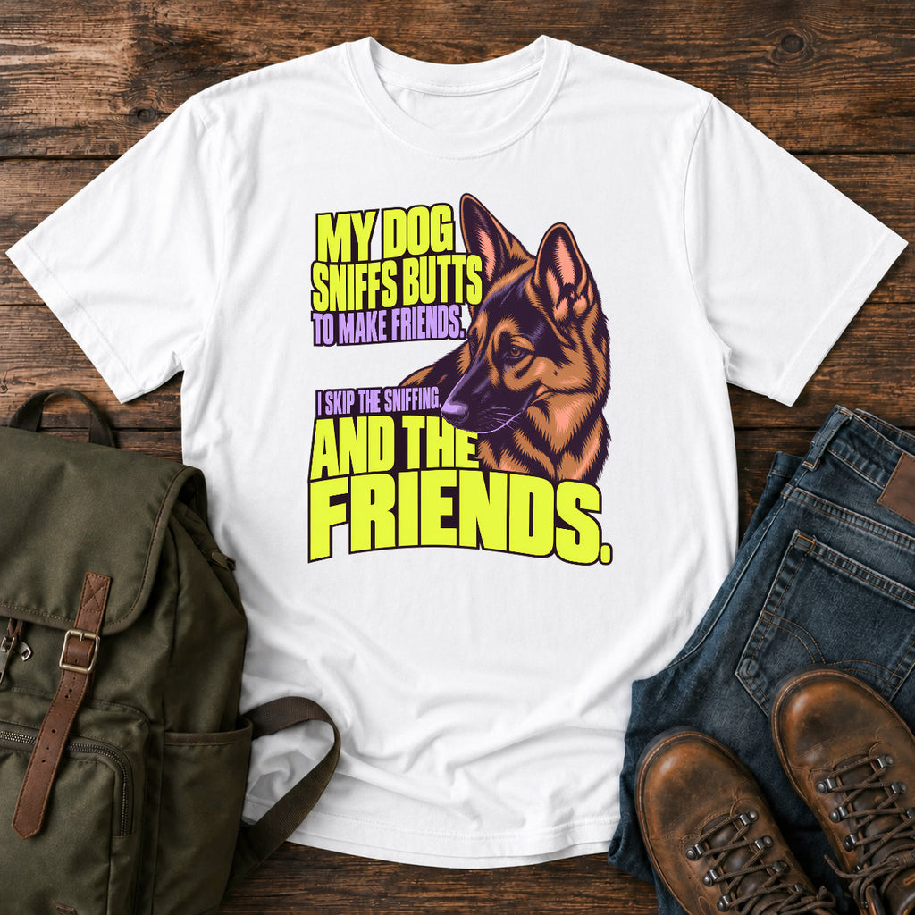 German Shepherd friendship joke with bright retro dog portrait on a t-shirt design