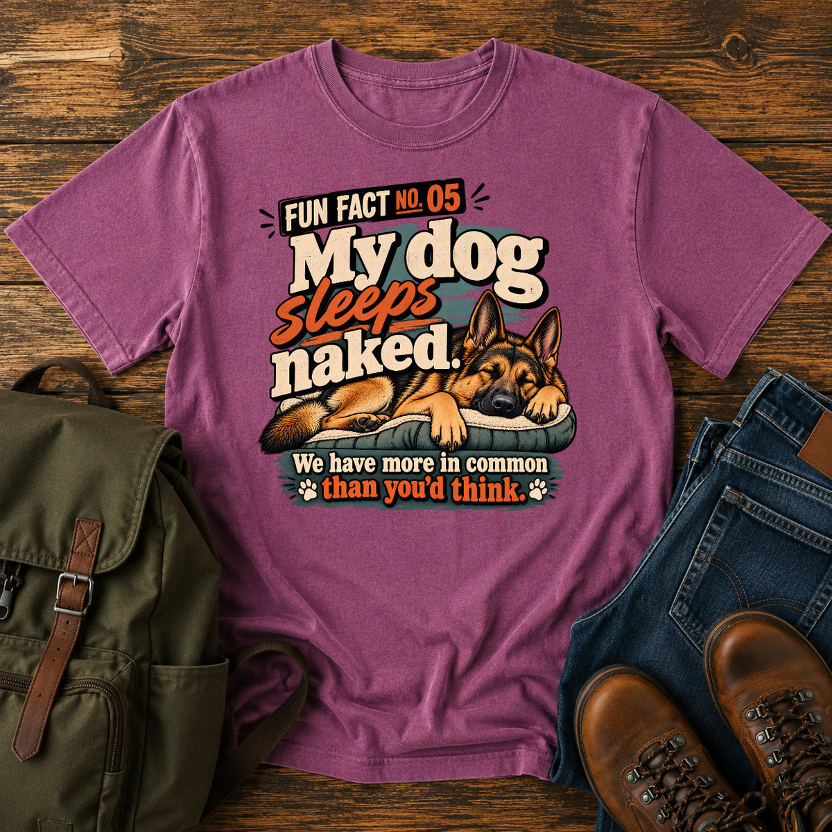 German Shepherd sleeps naked joke with warm retro dog graphic on a t-shirt design