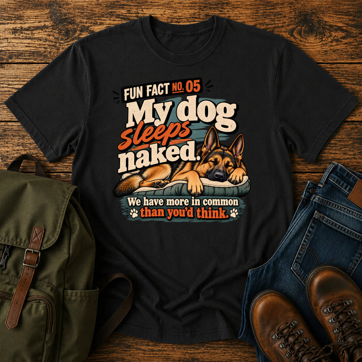 German Shepherd sleeps naked joke with warm retro dog graphic on a t-shirt design