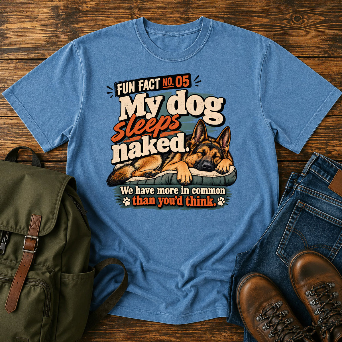 German Shepherd sleeps naked joke with warm retro dog graphic on a t-shirt design