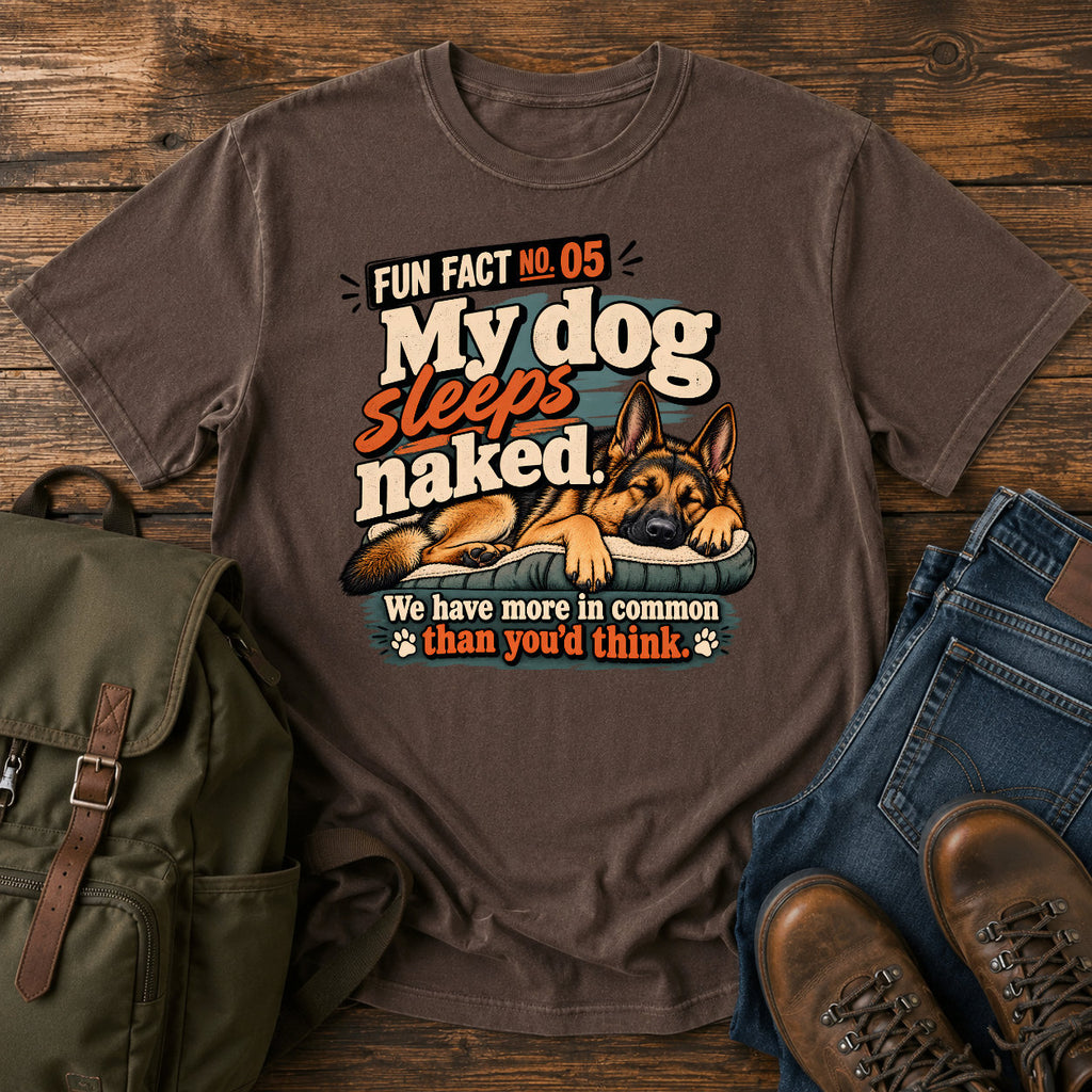 German Shepherd sleeps naked joke with warm retro dog graphic on a t-shirt design