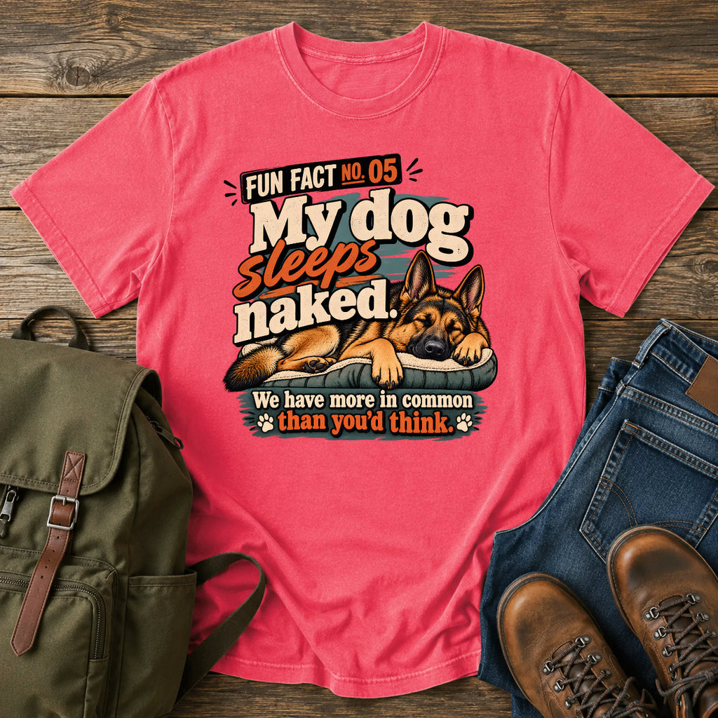 German Shepherd sleeps naked joke with warm retro dog graphic on a t-shirt design