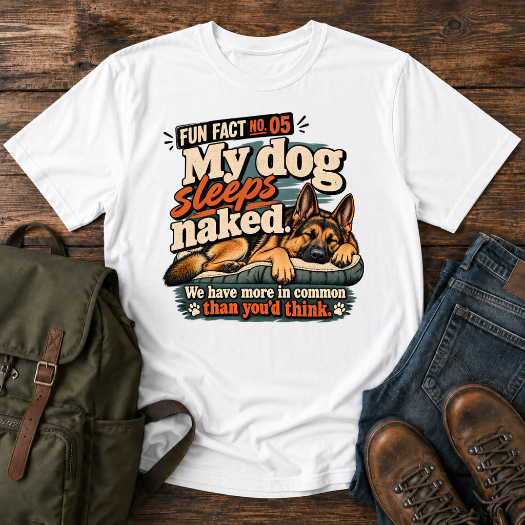German Shepherd sleeps naked joke with warm retro dog graphic on a t-shirt design