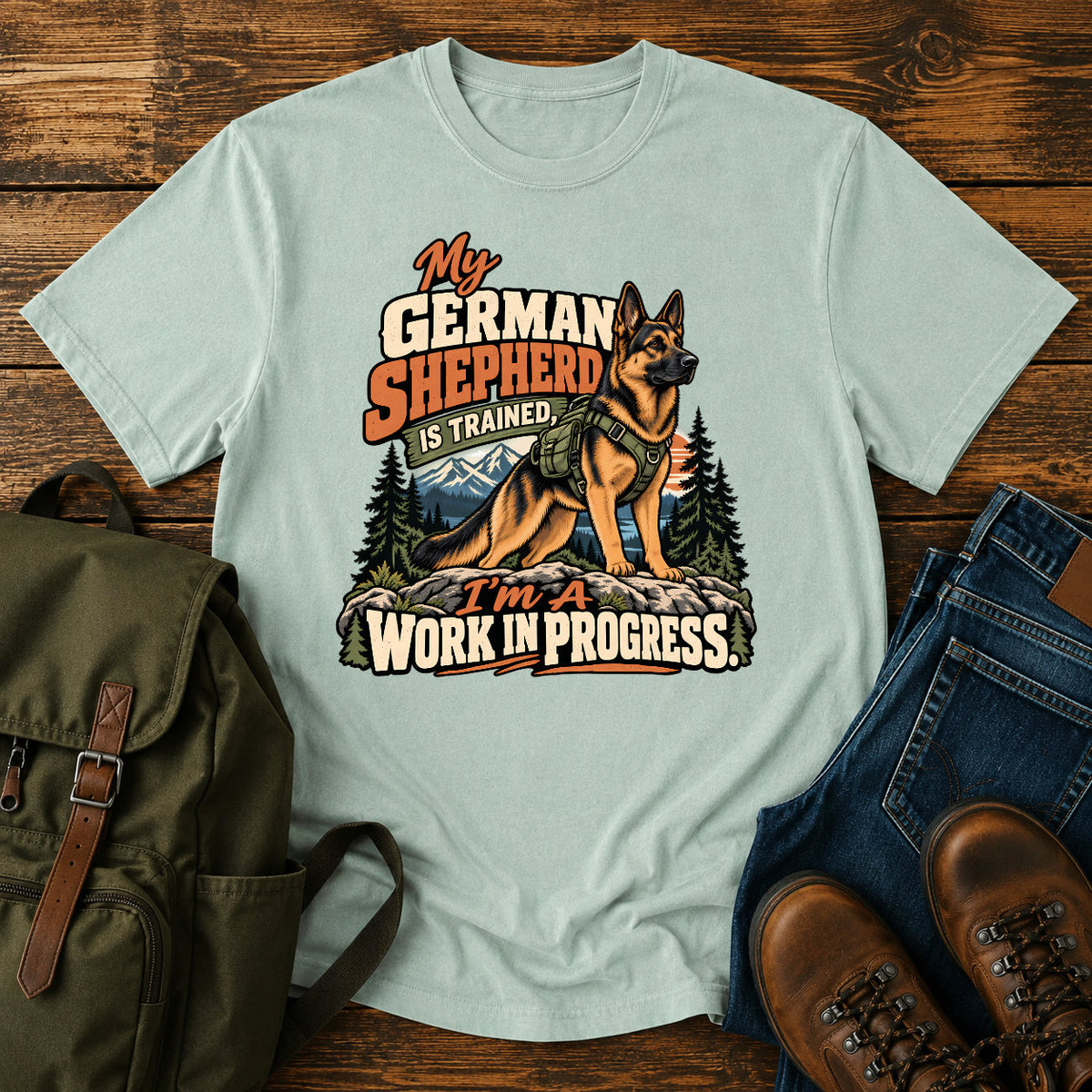 German Shepherd training joke with backpacked wilderness dog on a t-shirt design
