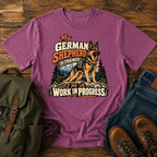 German Shepherd training joke with backpacked wilderness dog on a t-shirt design