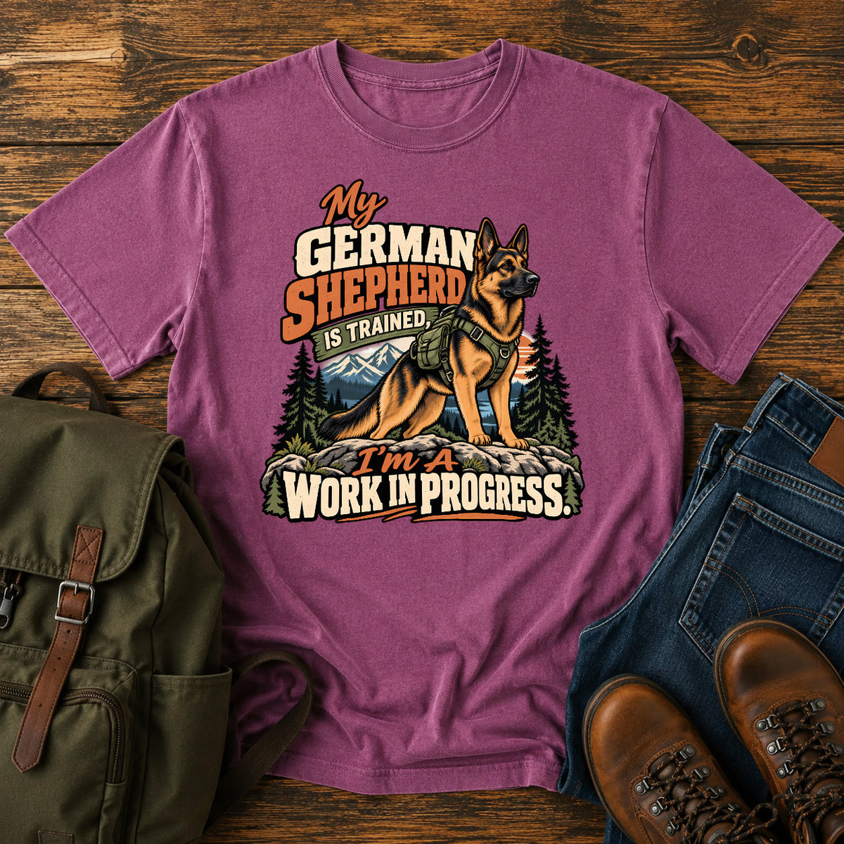 German Shepherd training joke with backpacked wilderness dog on a t-shirt design