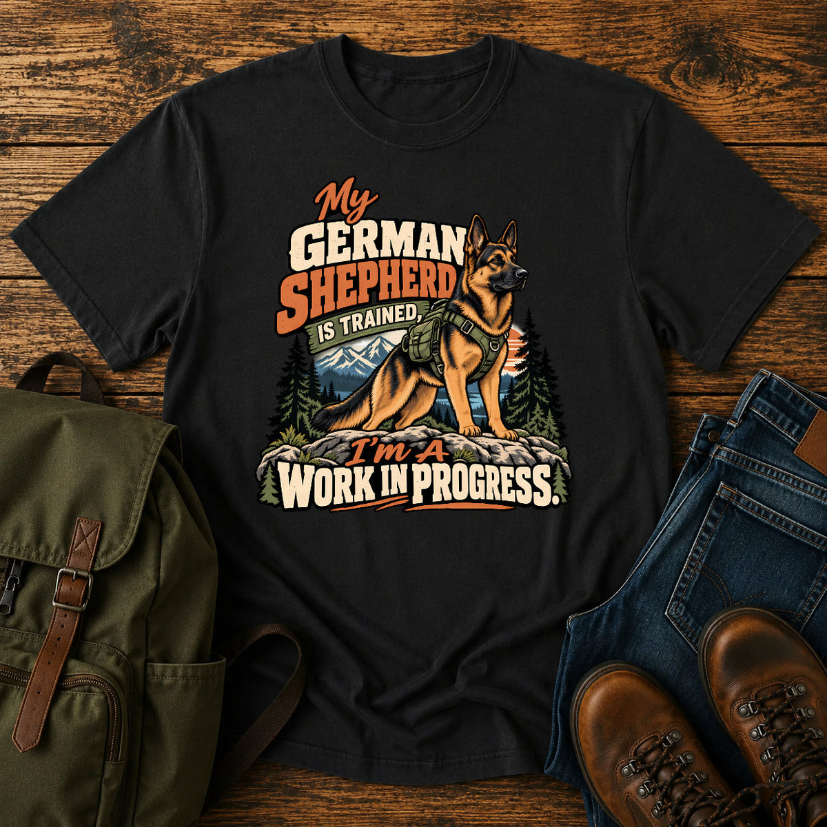 German Shepherd training joke with backpacked wilderness dog on a t-shirt design