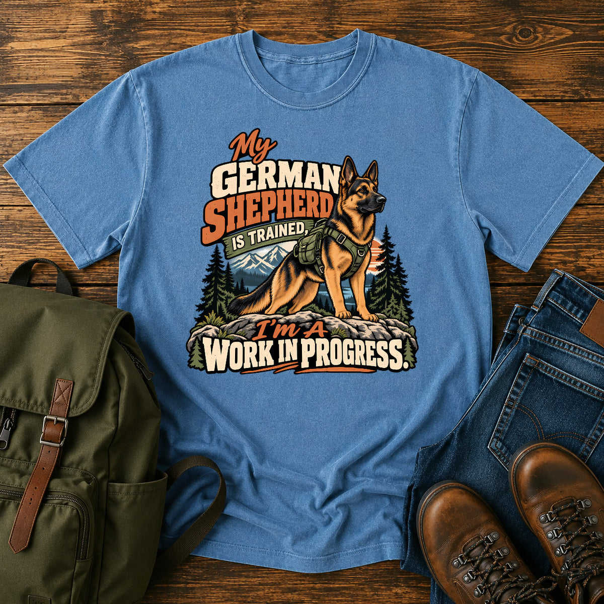 German Shepherd training joke with backpacked wilderness dog on a t-shirt design