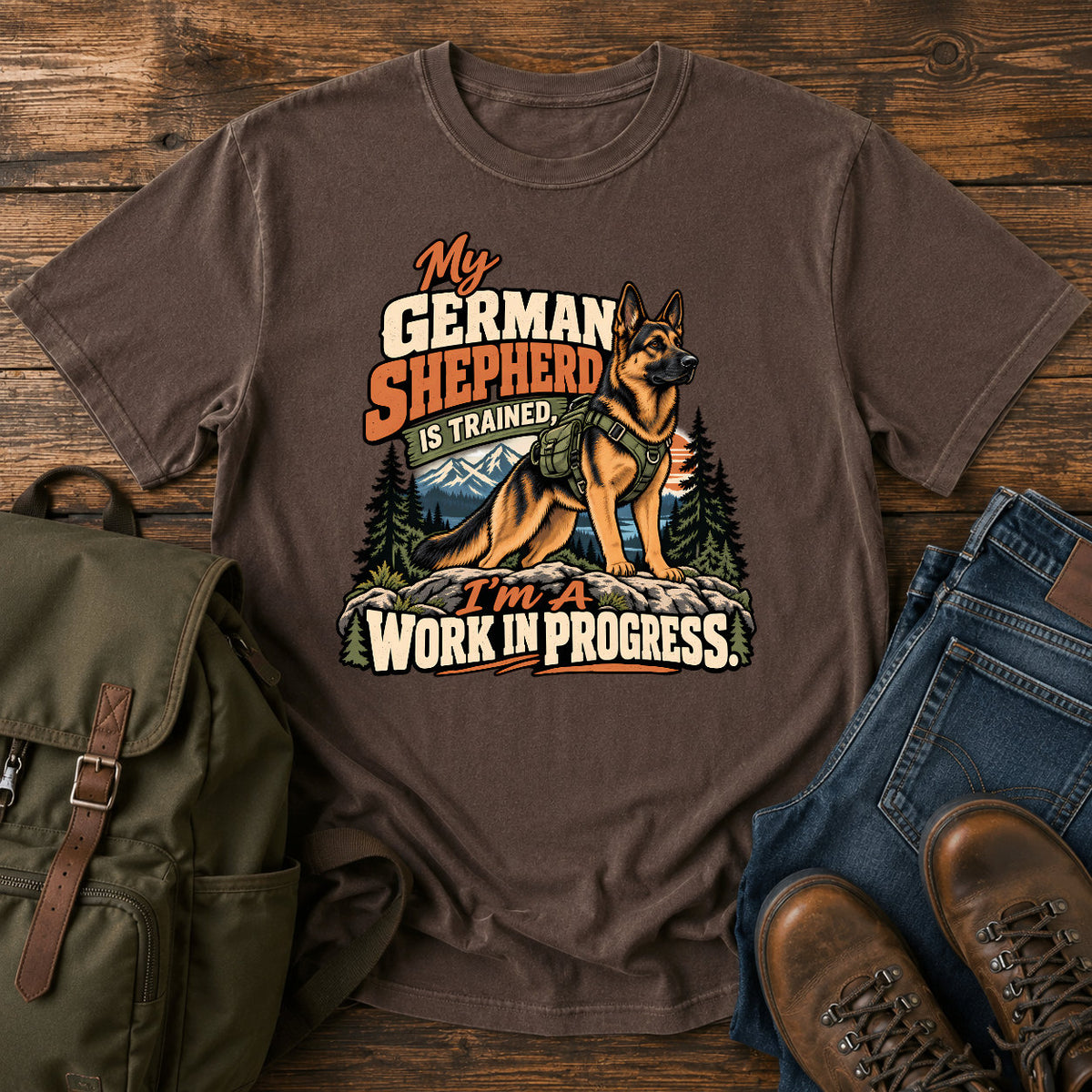 German Shepherd training joke with backpacked wilderness dog on a t-shirt design