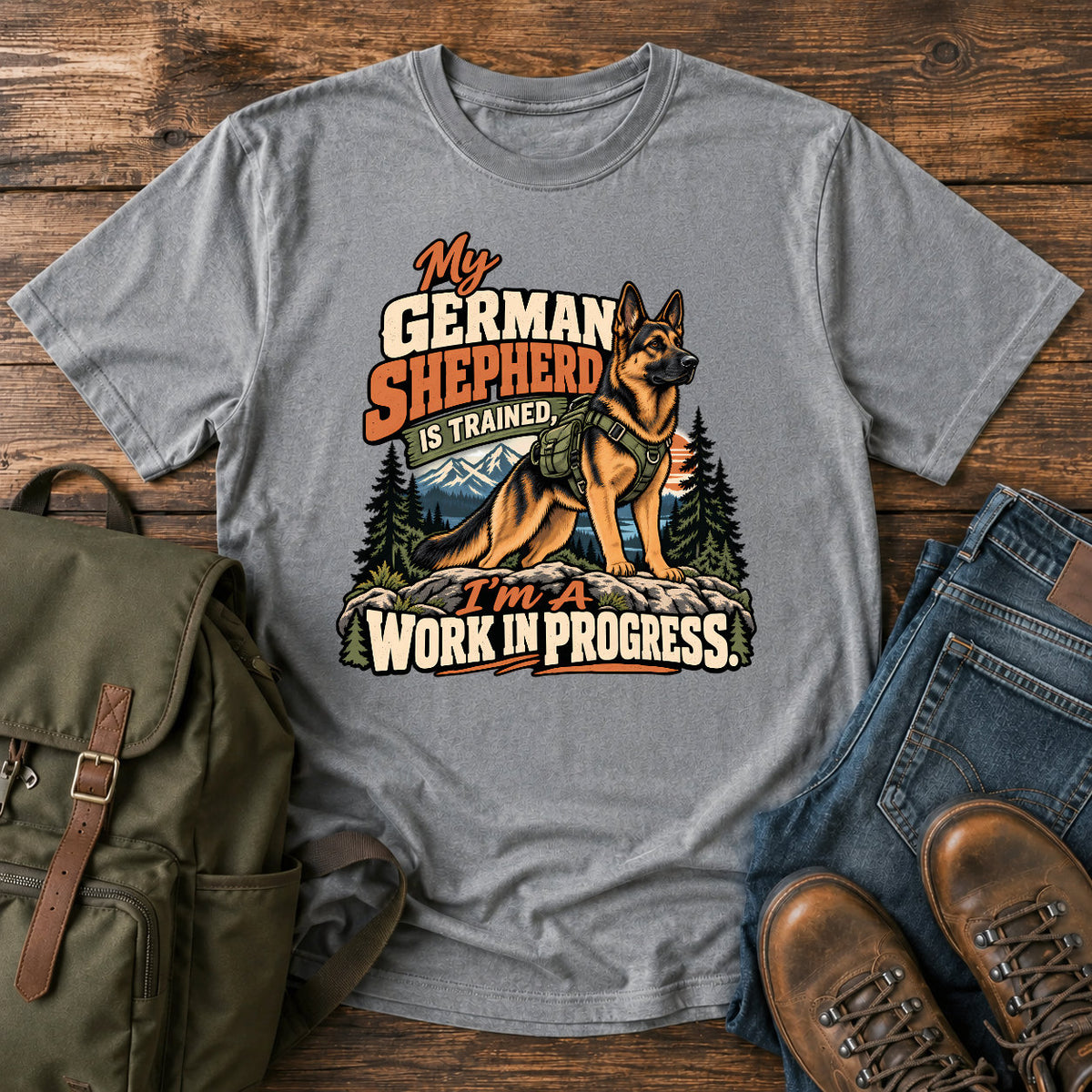 German Shepherd training joke with backpacked wilderness dog on a t-shirt design