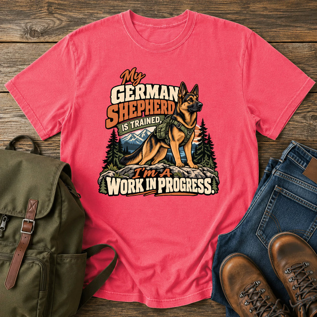 German Shepherd training joke with backpacked wilderness dog on a t-shirt design