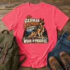 German Shepherd training joke with backpacked wilderness dog on a t-shirt design