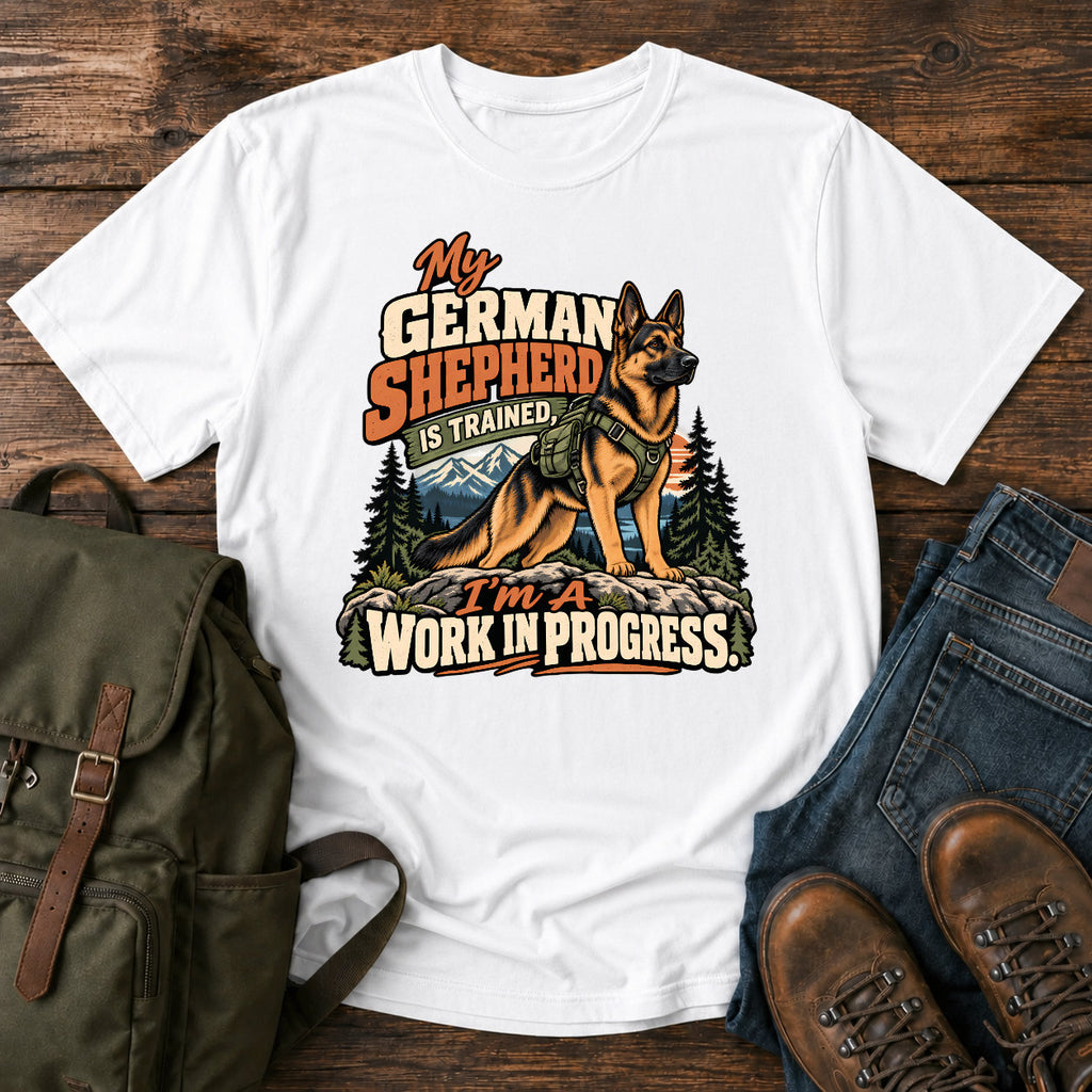 German Shepherd training joke with backpacked wilderness dog on a t-shirt design