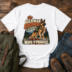 German Shepherd training joke with backpacked wilderness dog on a t-shirt design