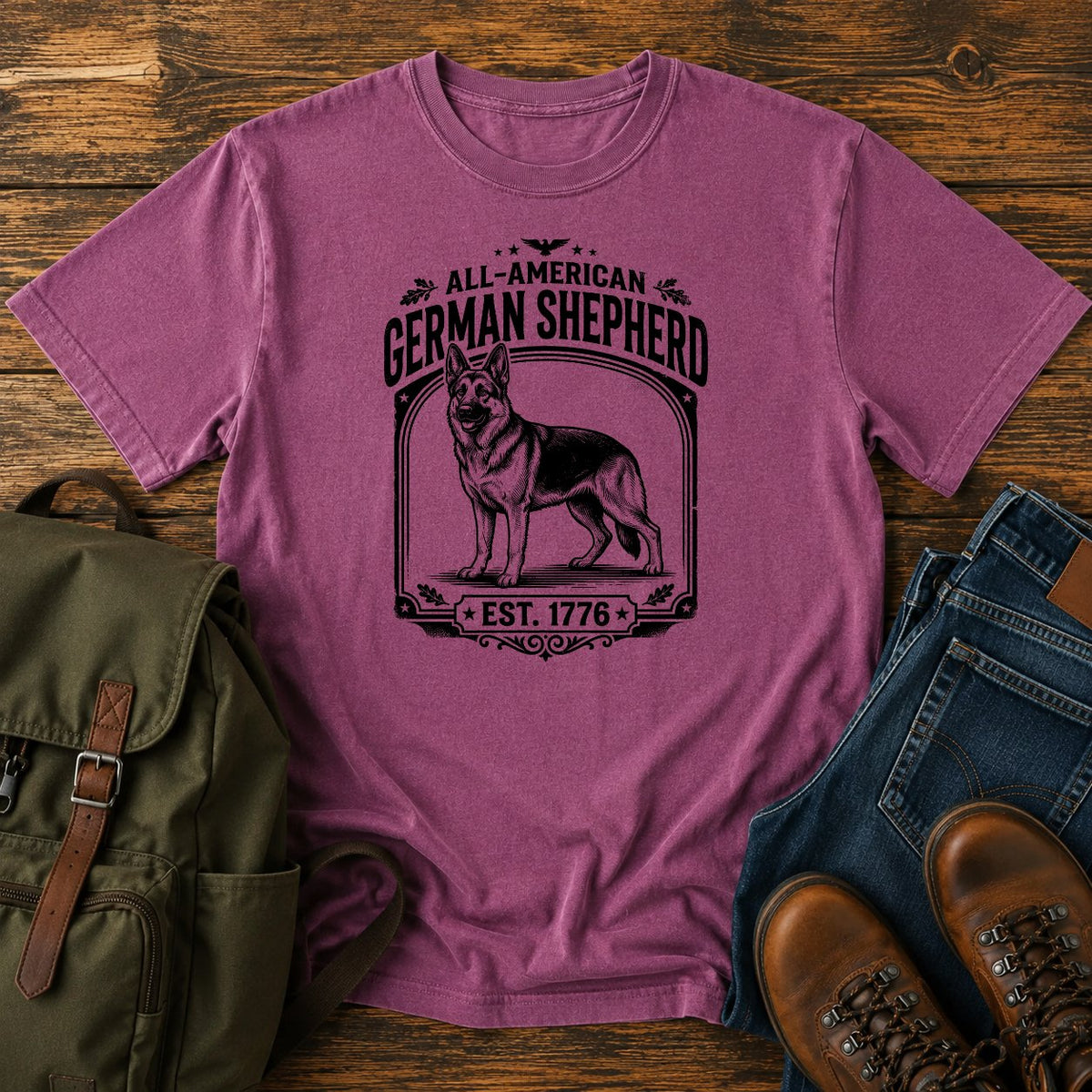 German Shepherd all-American patriotic badge t-shirt design with Est. 1776 text.