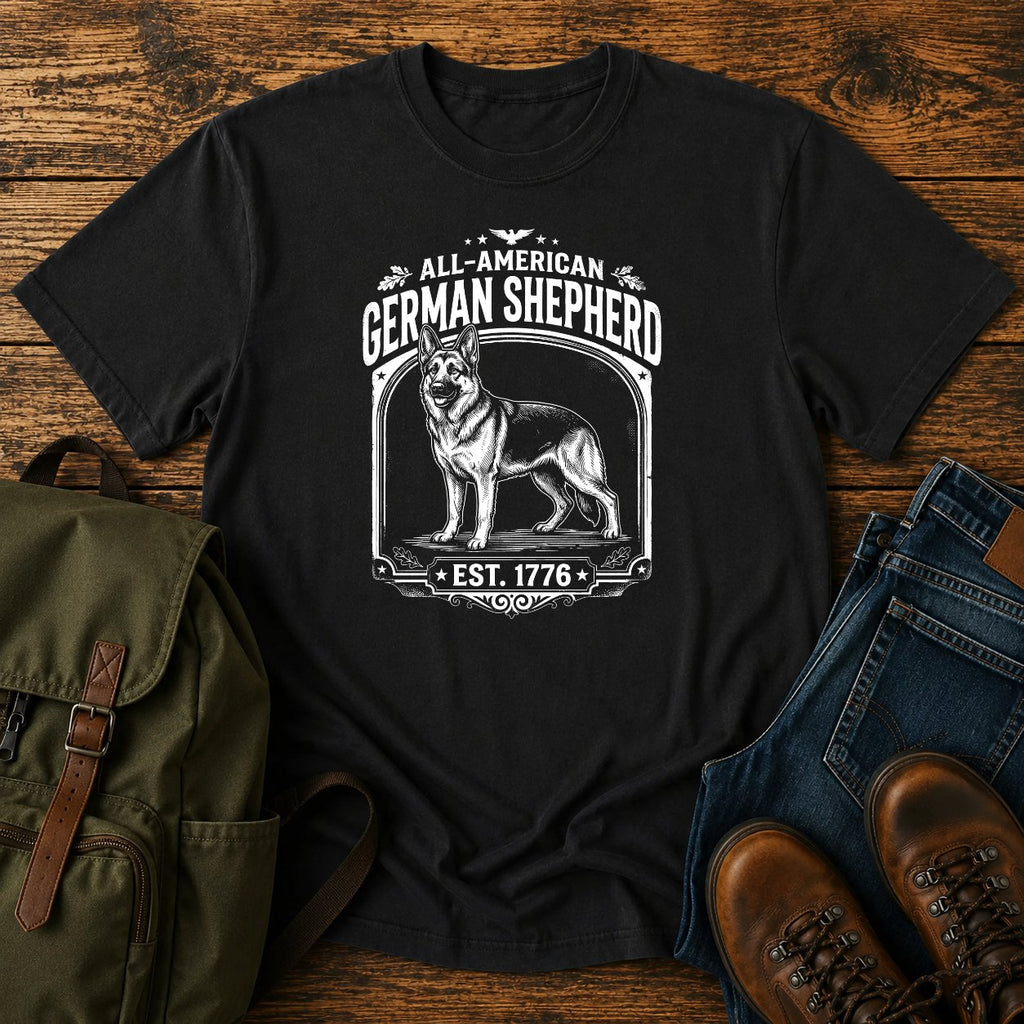 German Shepherd all-American patriotic badge t-shirt design with Est. 1776 text.