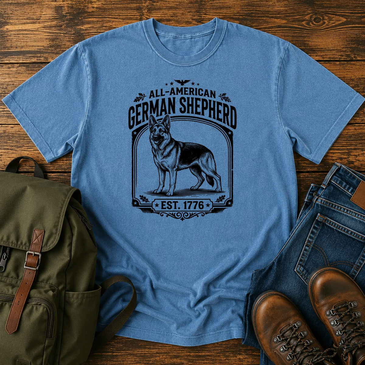 German Shepherd all-American patriotic badge t-shirt design with Est. 1776 text.