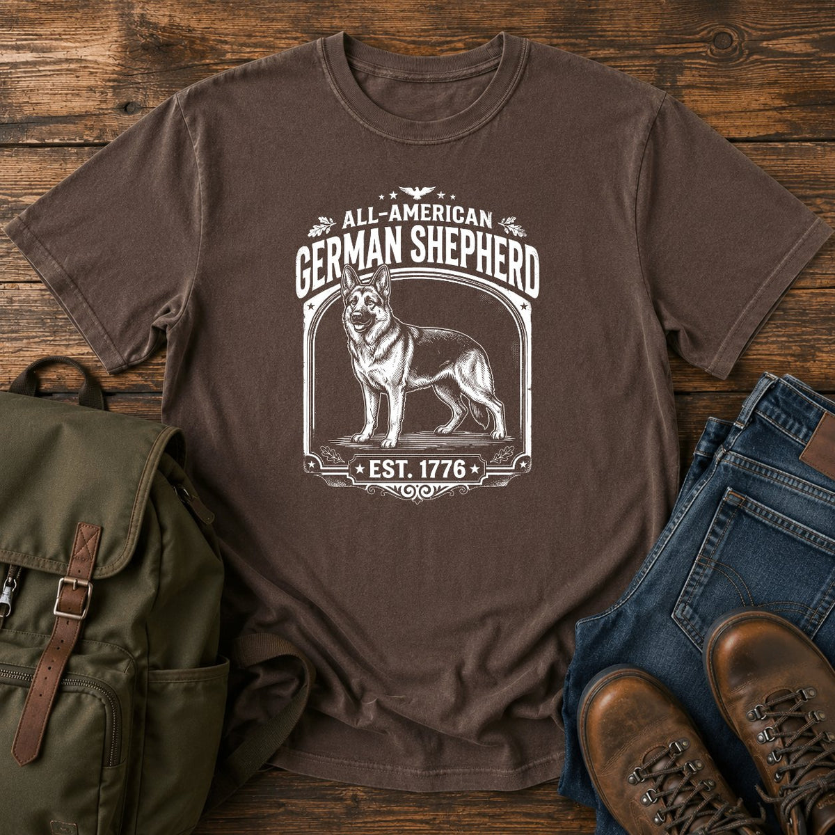 German Shepherd all-American patriotic badge t-shirt design with Est. 1776 text.