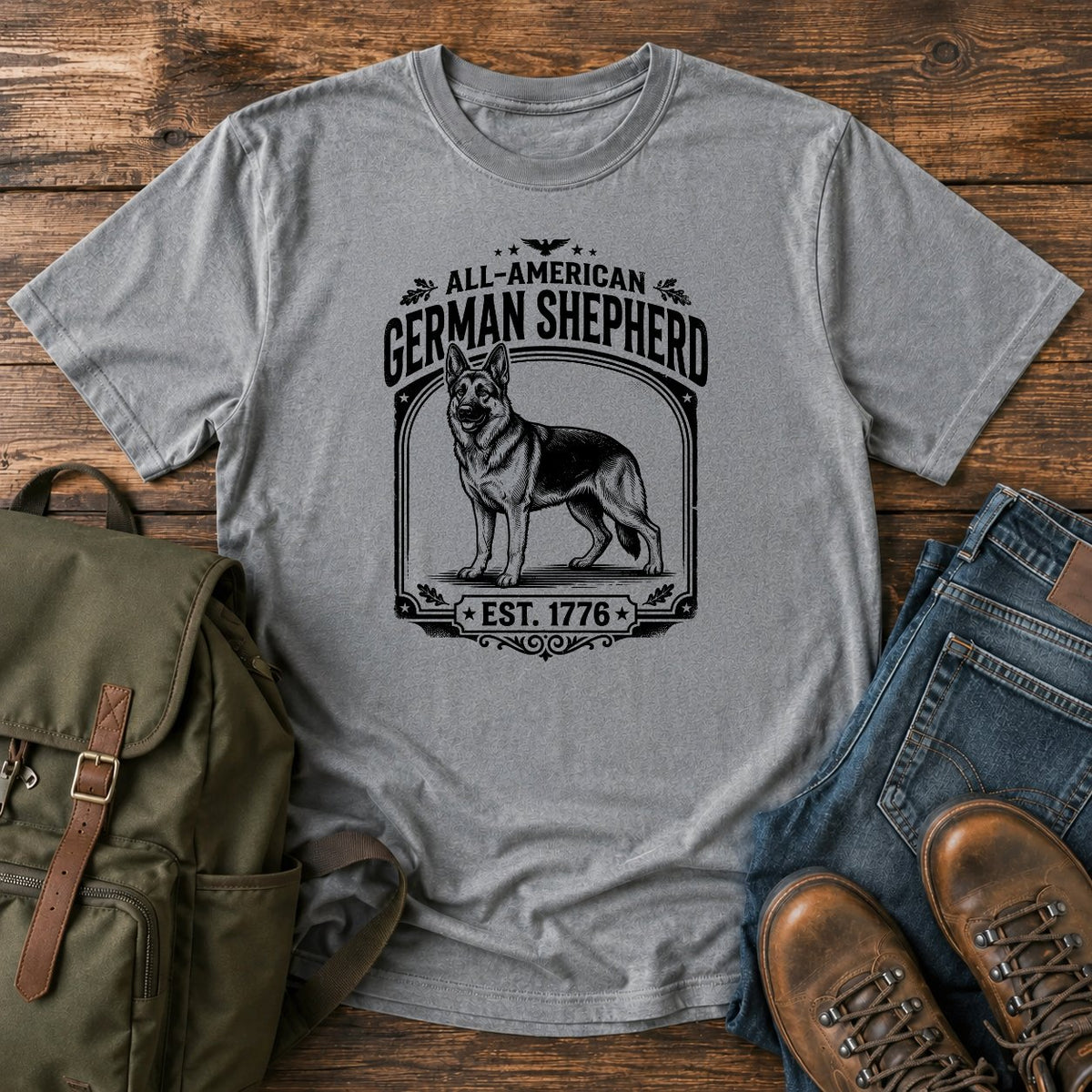 German Shepherd all-American patriotic badge t-shirt design with Est. 1776 text.