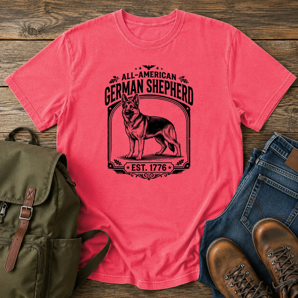 German Shepherd all-American patriotic badge t-shirt design with Est. 1776 text.