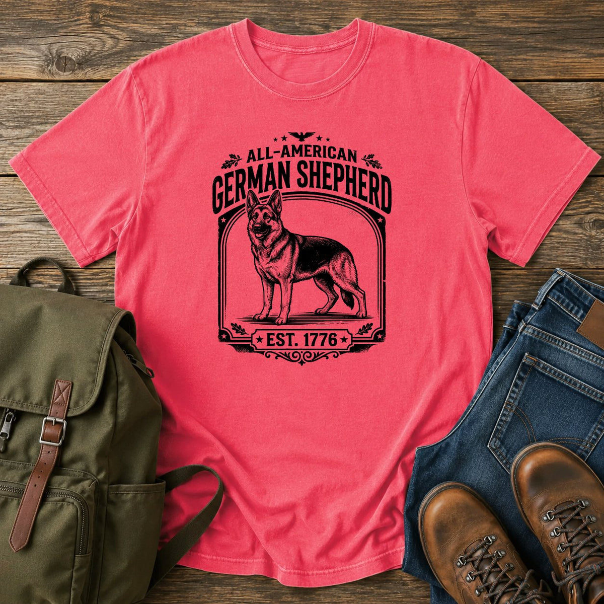 German Shepherd all-American patriotic badge t-shirt design with Est. 1776 text.