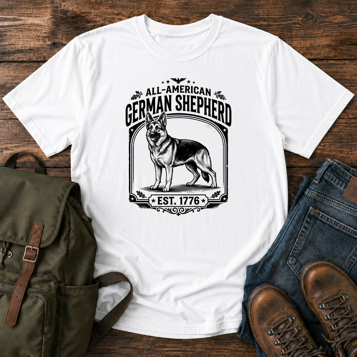 German Shepherd all-American patriotic badge t-shirt design with Est. 1776 text.