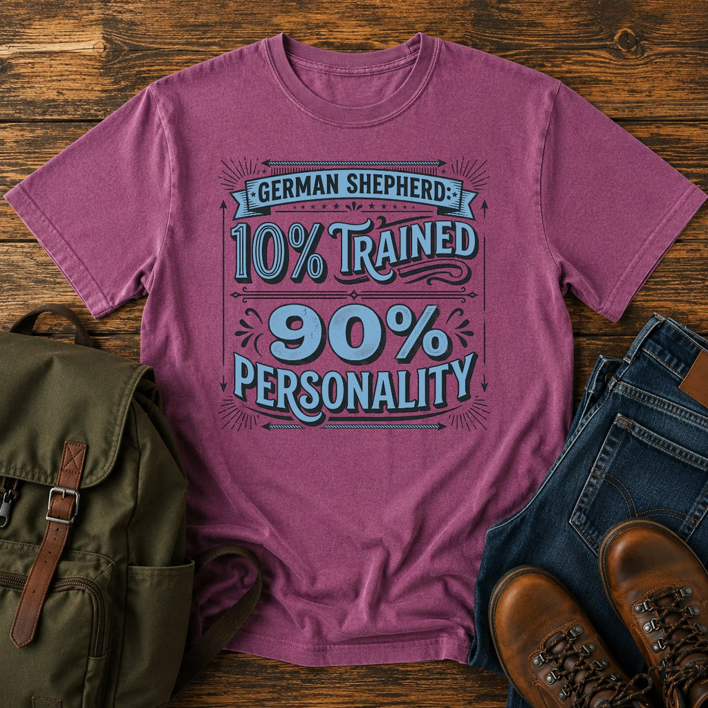 Funny German Shepherd personality t-shirt design with ten percent trained text.