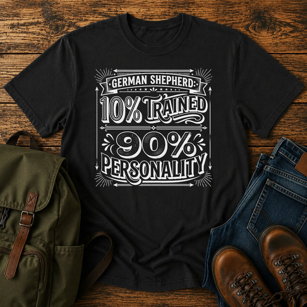 Funny German Shepherd personality t-shirt design with ten percent trained text.