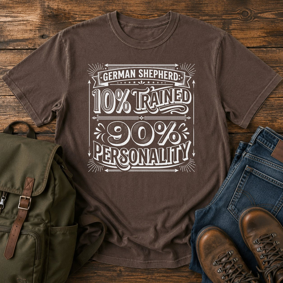 Funny German Shepherd personality t-shirt design with ten percent trained text.