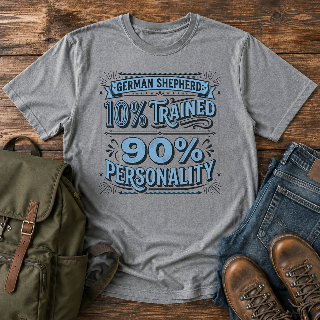 Funny German Shepherd personality t-shirt design with ten percent trained text.