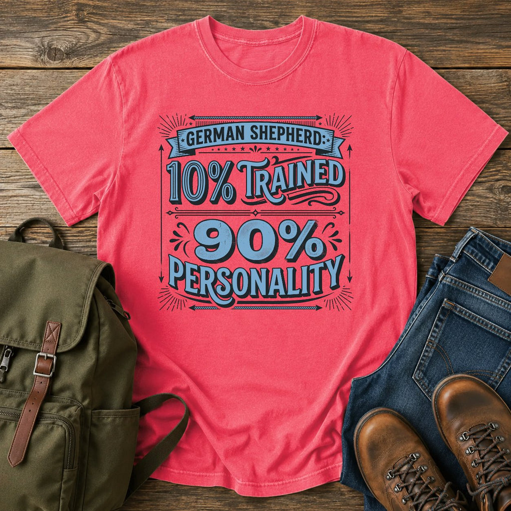 Funny German Shepherd personality t-shirt design with ten percent trained text.