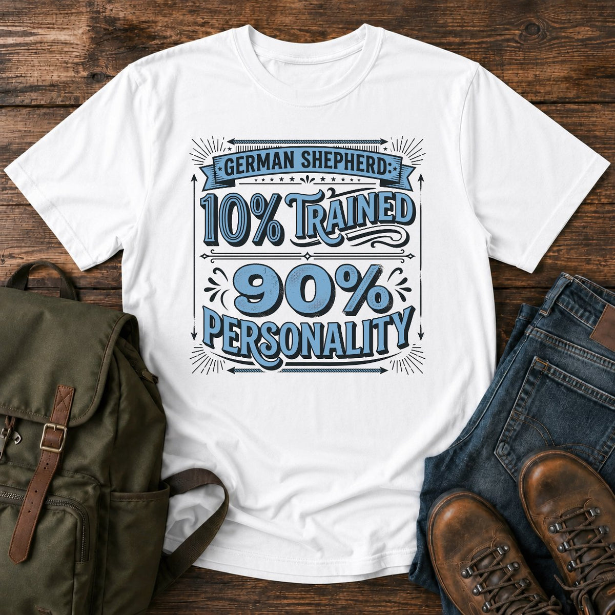 Funny German Shepherd personality t-shirt design with ten percent trained text.