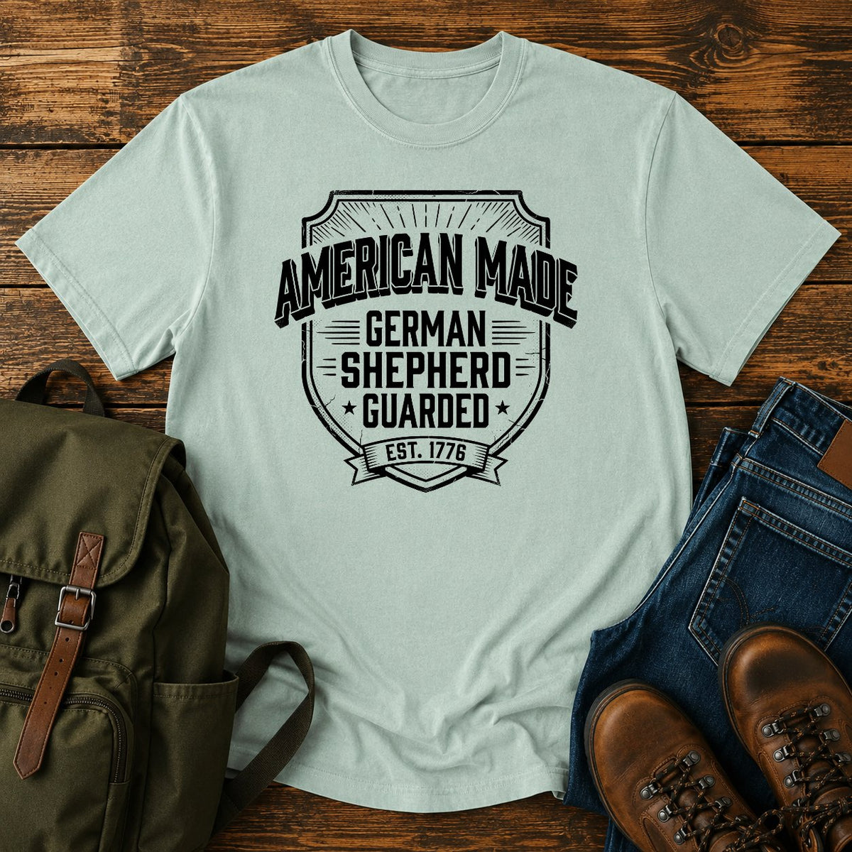 German Shepherd American Made guarded t-shirt design with collegiate text lettering