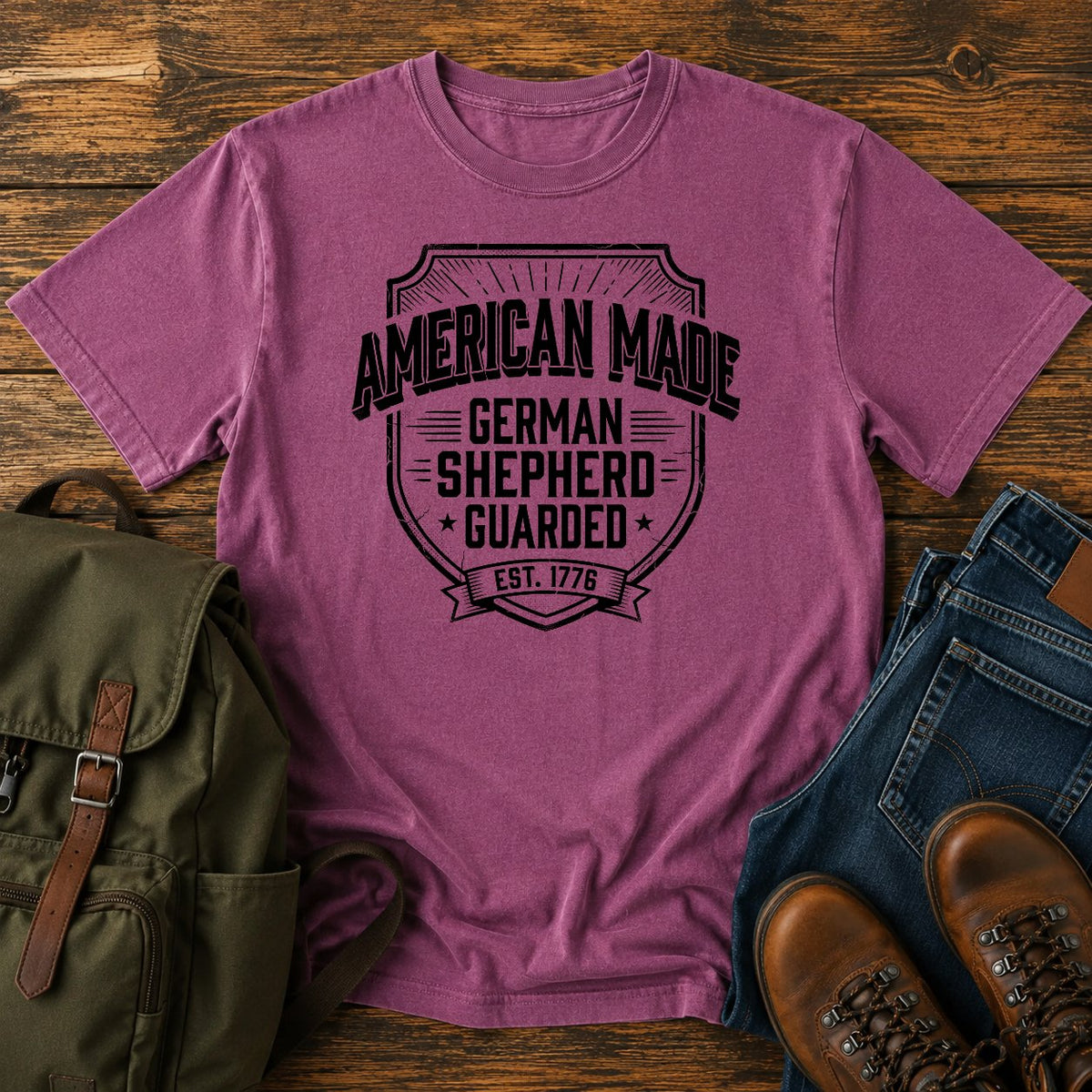 German Shepherd American Made guarded t-shirt design with collegiate text lettering