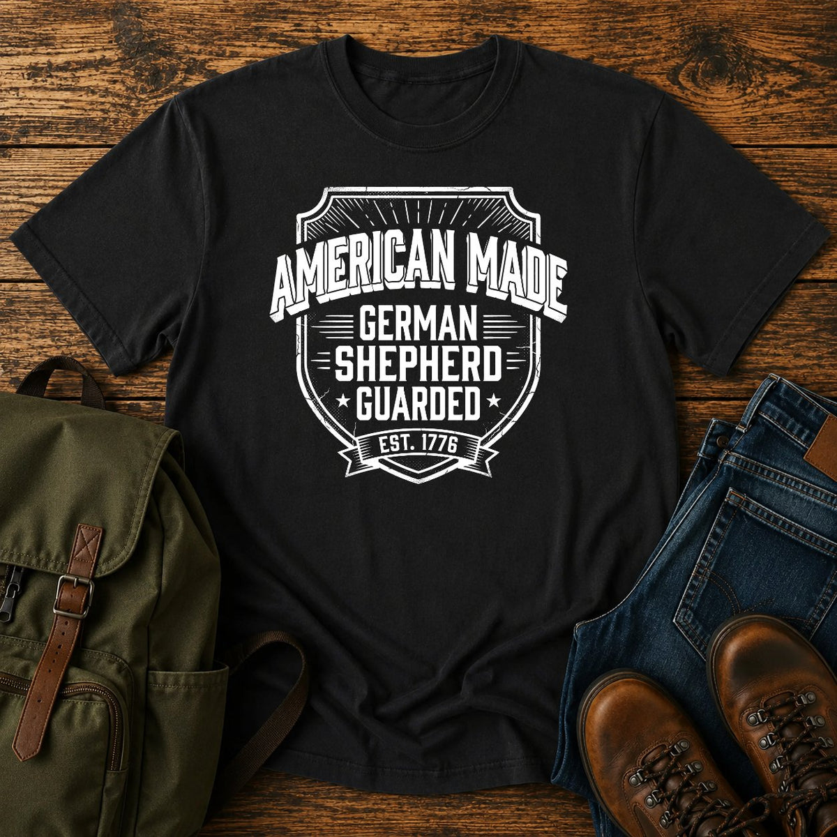 German Shepherd American Made guarded t-shirt design with collegiate text lettering