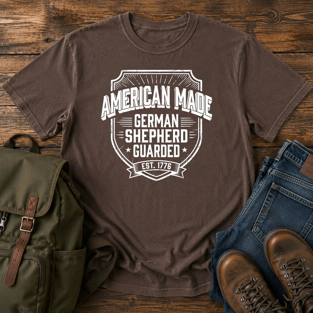 German Shepherd American Made guarded t-shirt design with collegiate text lettering
