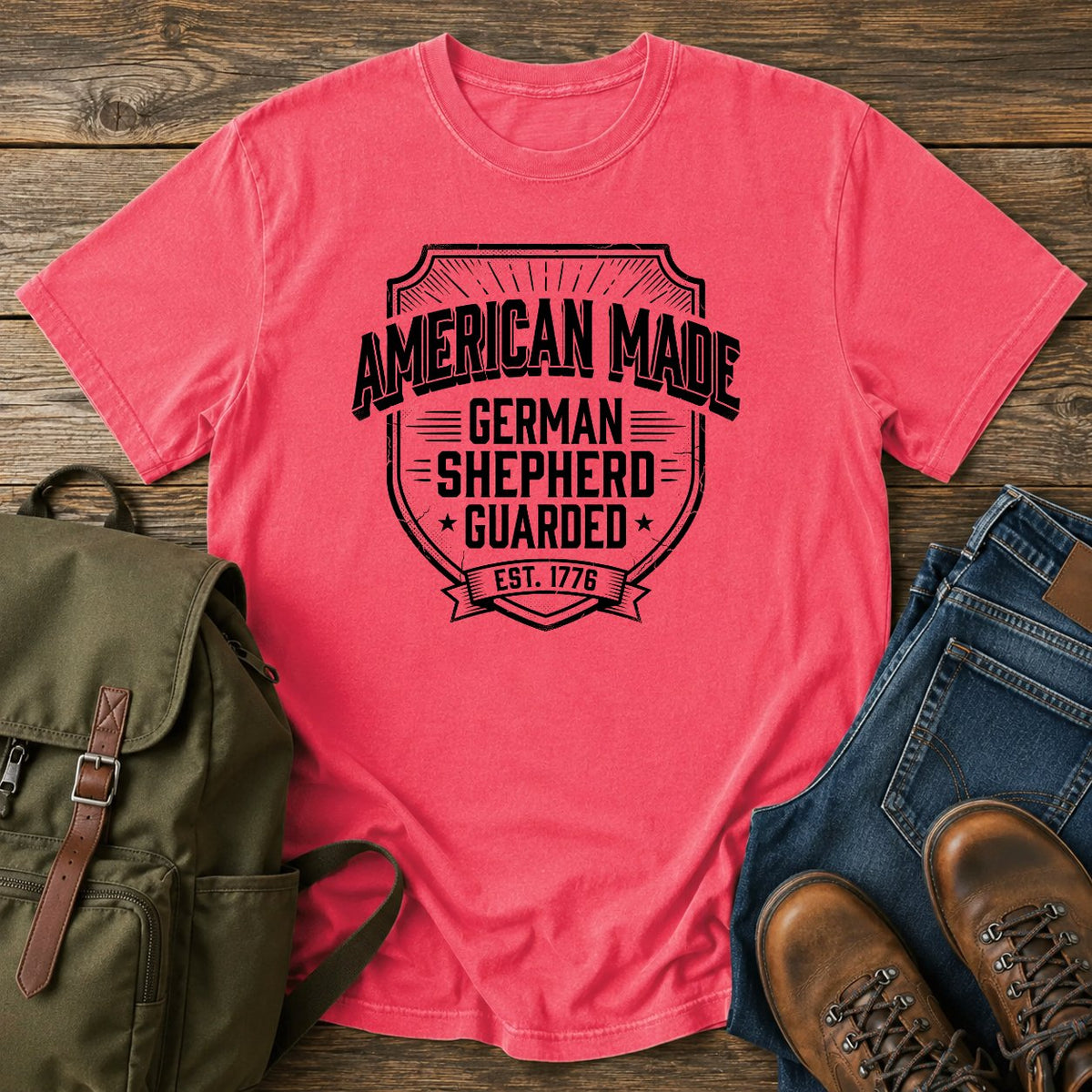 German Shepherd American Made guarded t-shirt design with collegiate text lettering