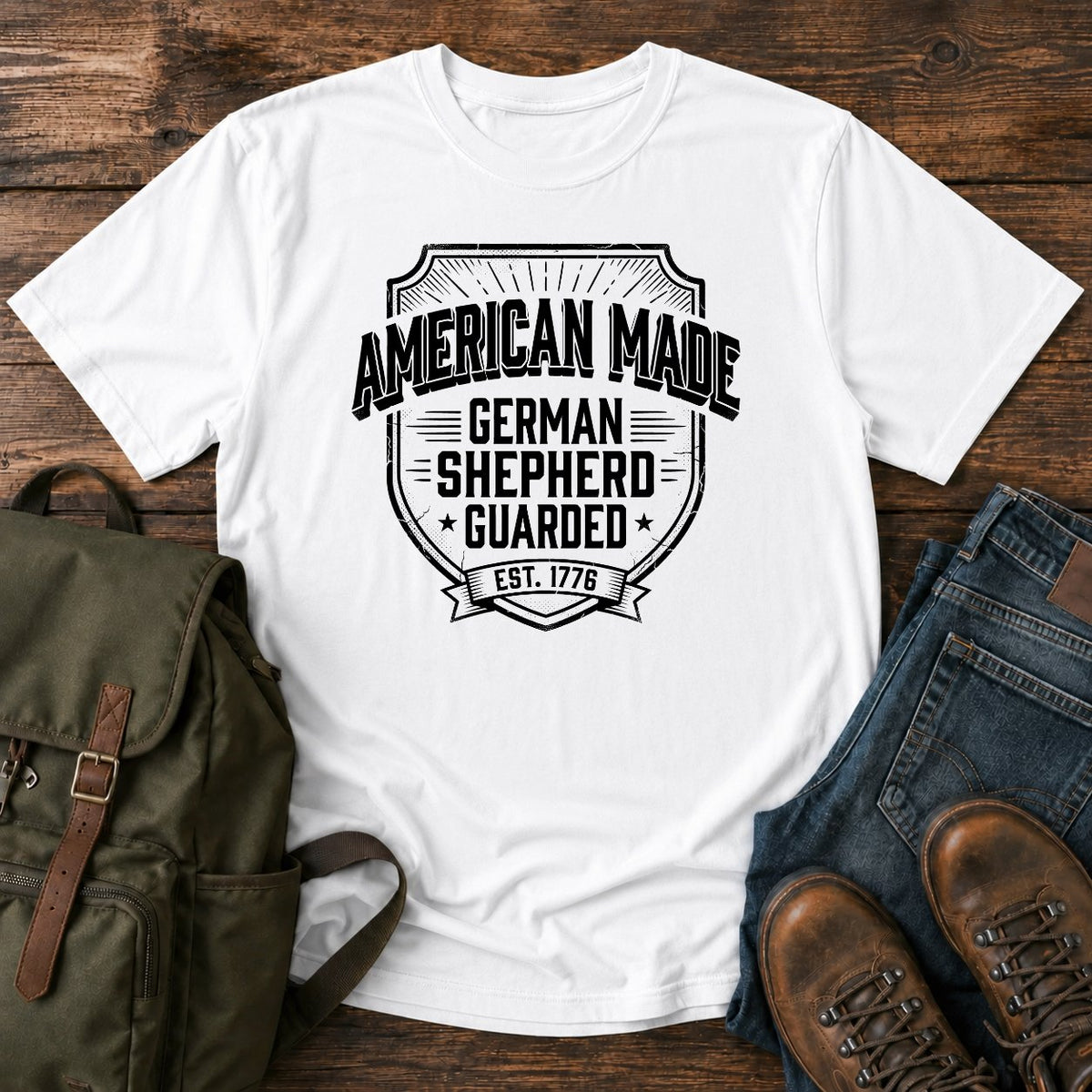 German Shepherd American Made guarded t-shirt design with collegiate text lettering