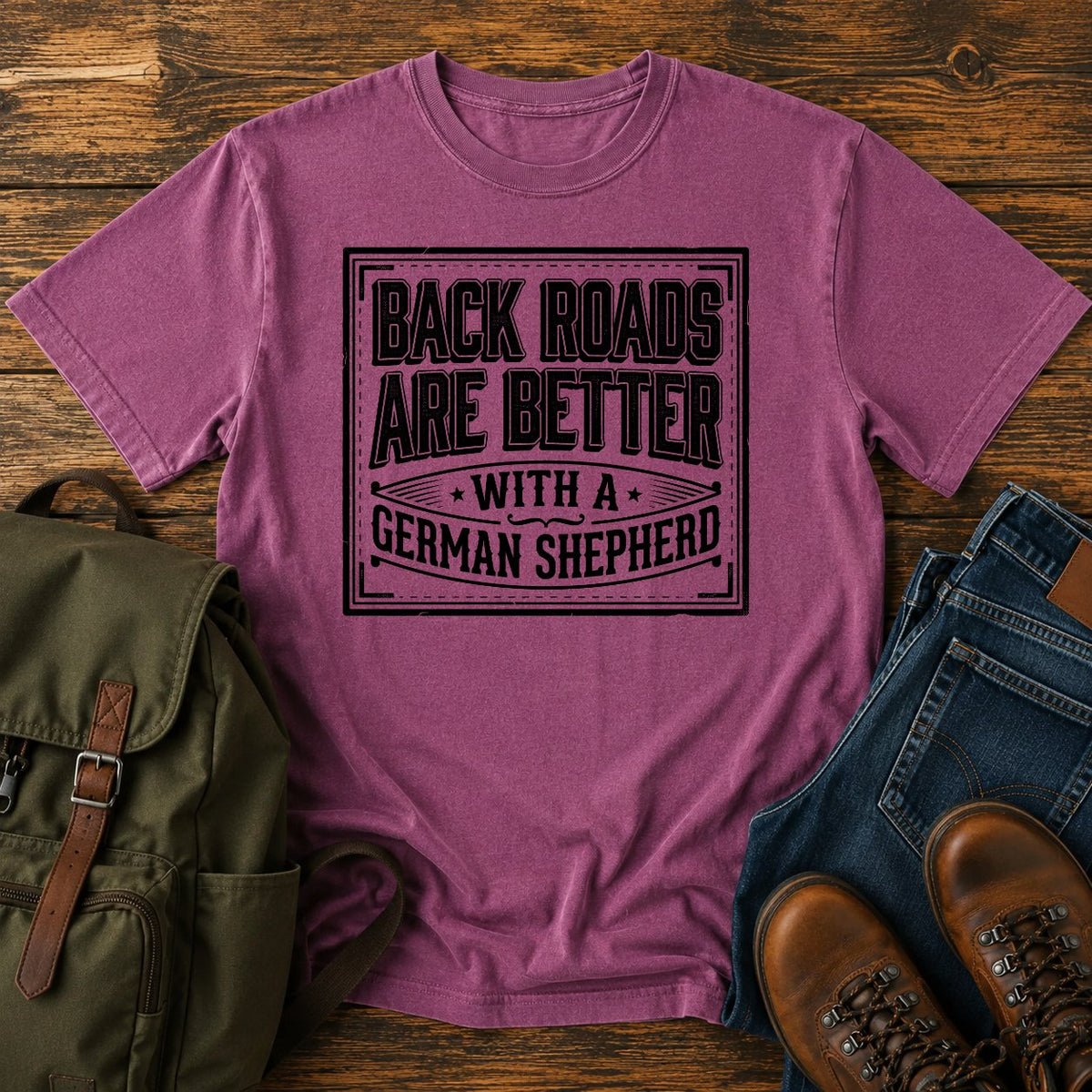 German Shepherd back roads slogan t-shirt design