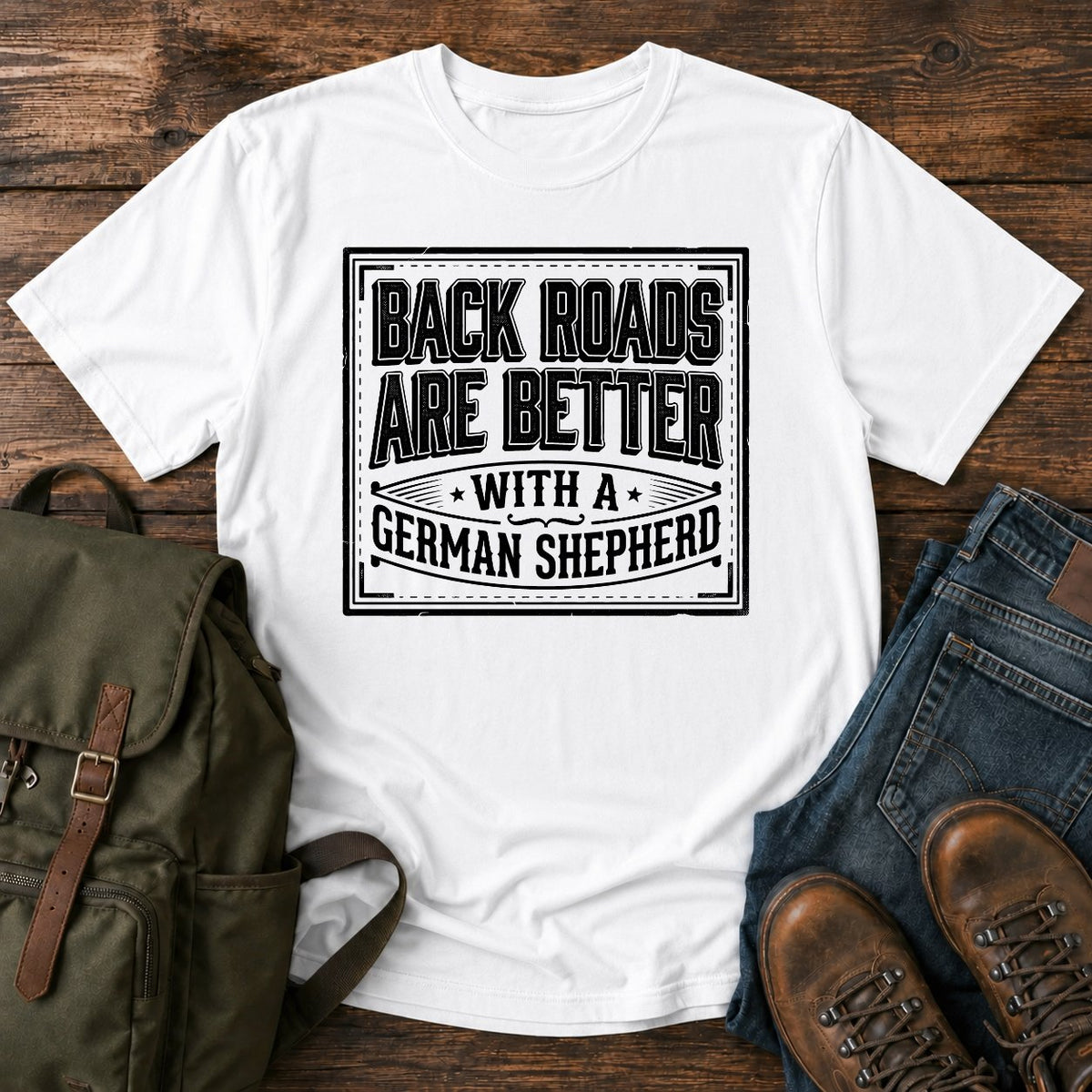 German Shepherd back roads slogan t-shirt design